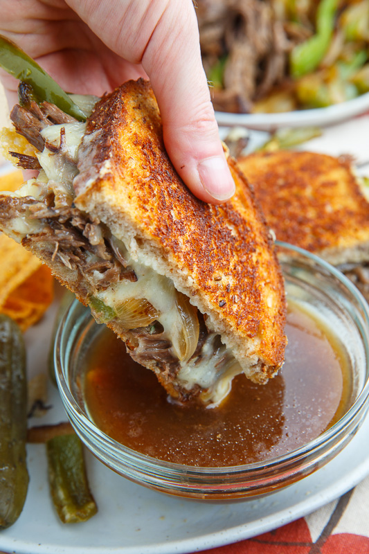 Slow Cooker Roast Beef Philly Cheesesteak French Dip Grilled Cheese Sandwich
