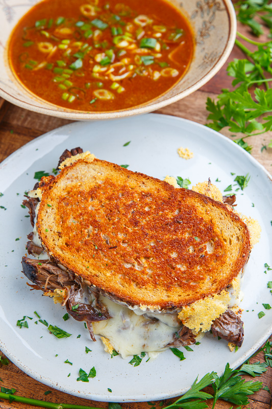 Pot Roast Grilled Cheese French Dip Sandwich with Spicy Miso Au Jus