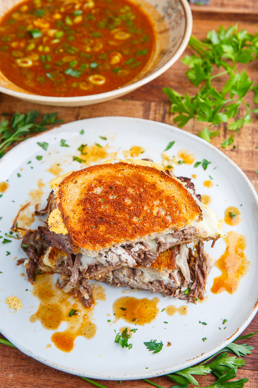 Pot Roast Grilled Cheese French Dip Sandwich with Spicy Miso Au Jus