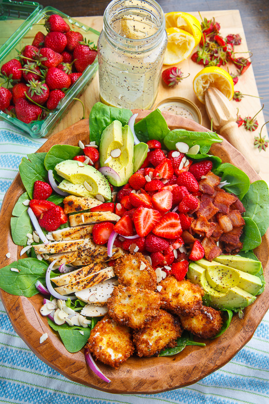 Strawberry and Avocado Chicken Salad with Crispy Fried Goat Cheese and Honey Lemon Dijon Poppy Seed Vinaigrette