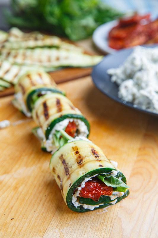 Grilled Zucchini Rollups Stuffed with Lemon-Basil Ricotta and Slow Roasted Tomatoes