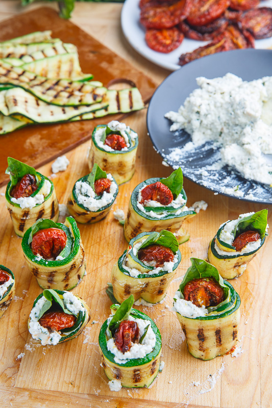 Grilled Zucchini Rollups Stuffed with Lemon-Basil Ricotta and Slow Roasted Tomatoes