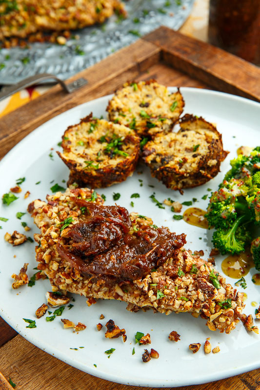 Pecan Crusted Turkey Cutlets with Bacon-Maple Onion Marmalade