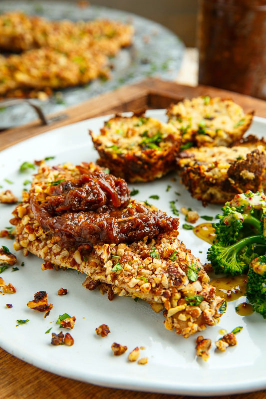 Pecan Crusted Turkey Cutlets with Bacon-Maple Onion Marmalade