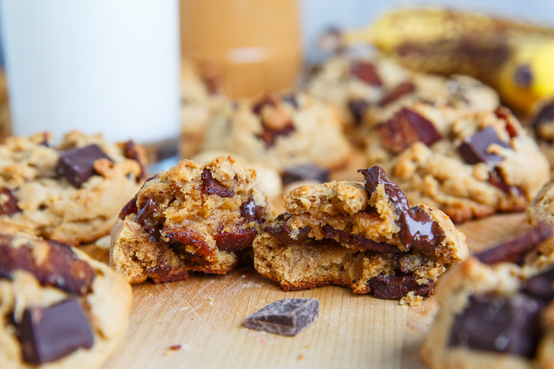 Soft and Chewy Banana Peanut Butter Cookies with Chocolate Chunks and Bacon