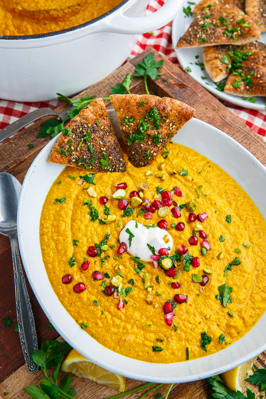 Roasted Carrot and Tahini Soup with Pomegranate and Pistachios