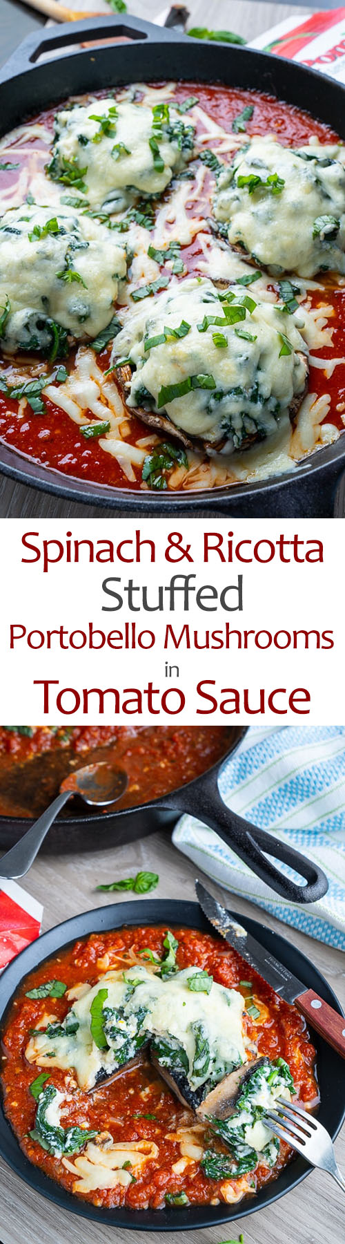 Spinach and Ricotta Stuffed Portobello Mushrooms in Tomato Sauce
