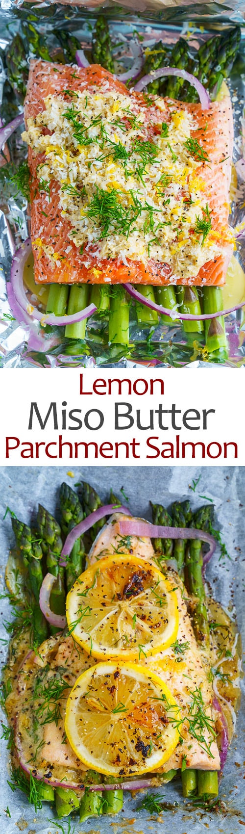 Lemon Miso Butter Parchment Salmon with Asparagus
