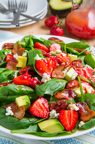 Strawberry and Avocado Spinach Salad in Raspberry Balsamic Vinaigrette