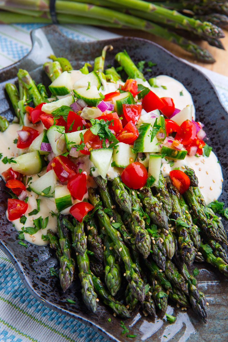 Grilled Asparagus in Lemon Maple Tahini with Tomatoes and Cucumbers