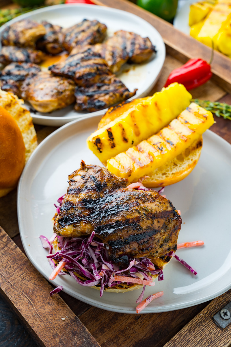 Jerk Chicken and Pineapple Sandwiches with Coconut Slaw