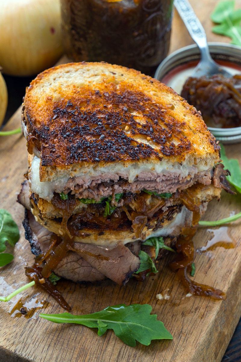 Roast Beef Sandwich with Maple Chipotle Onion Jam and Horseradish Mayo