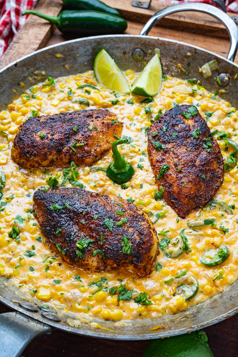 One Pan Chicken and Jalapeno Popper Creamed Corn