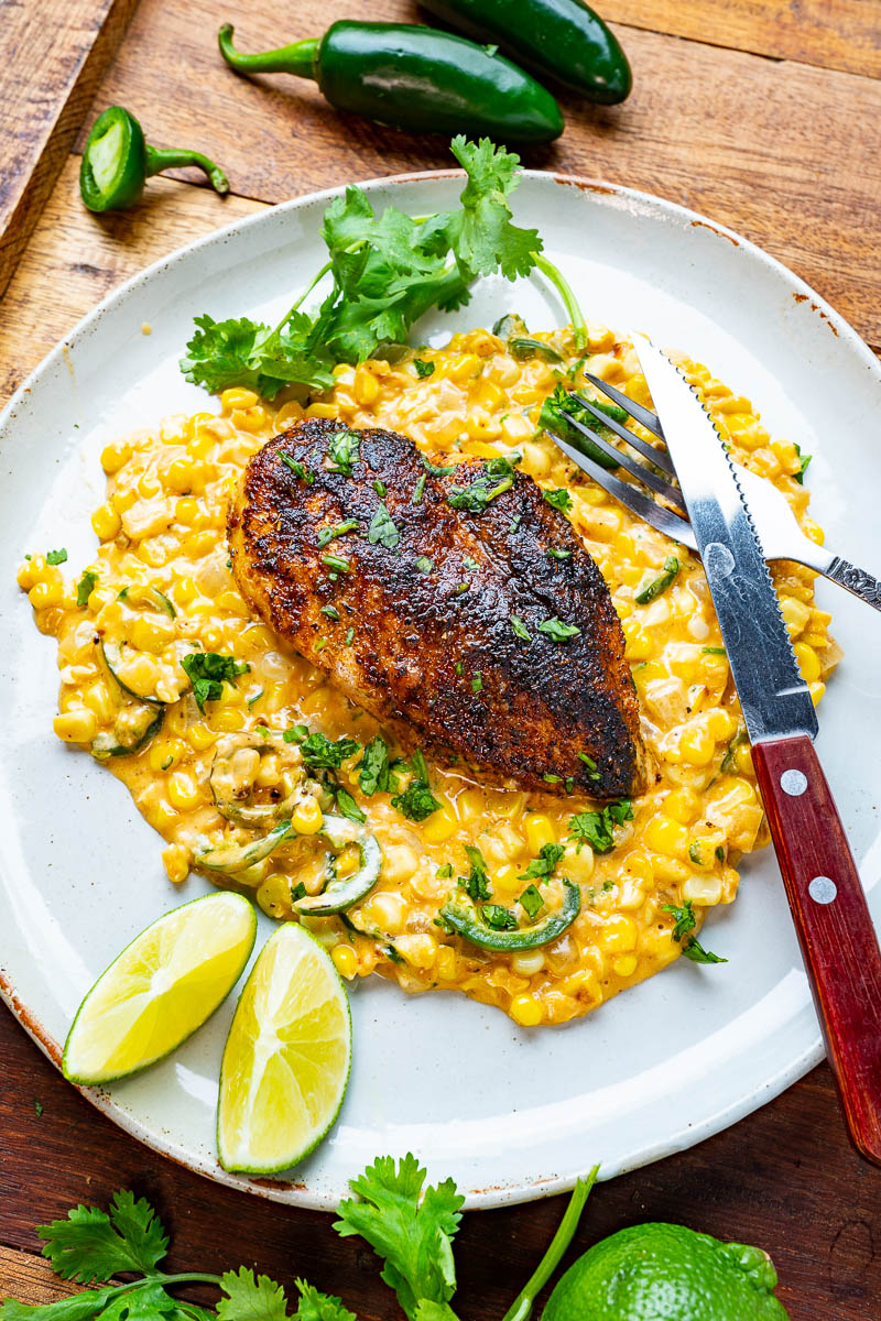 One Pan Chicken and Jalapeno Popper Creamed Corn