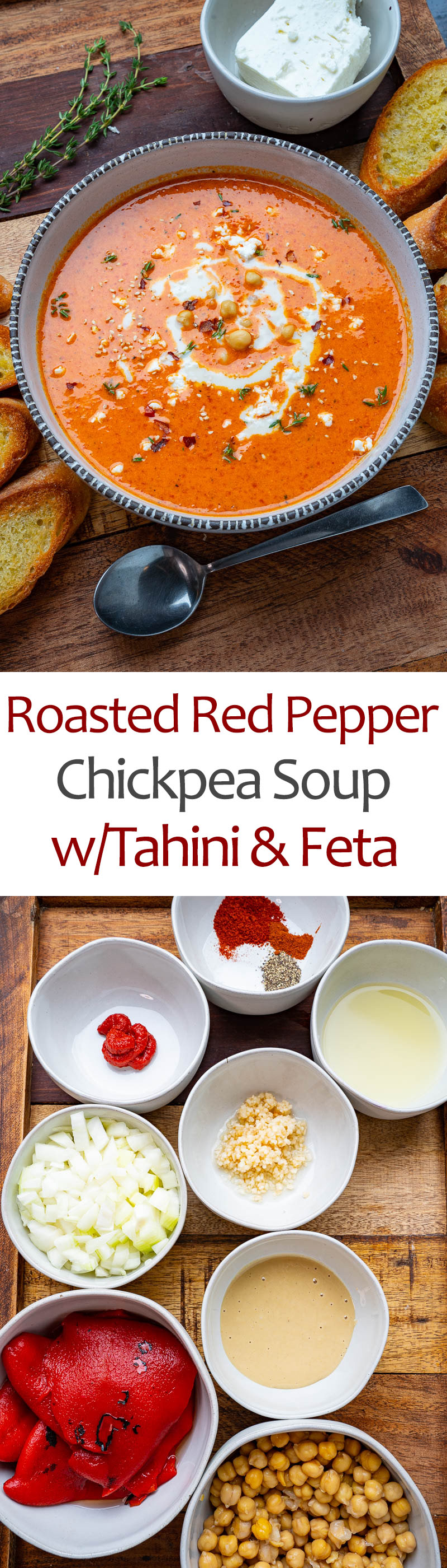 Creamy Roasted Red Pepper Chickpea Soup with Tahini and Feta