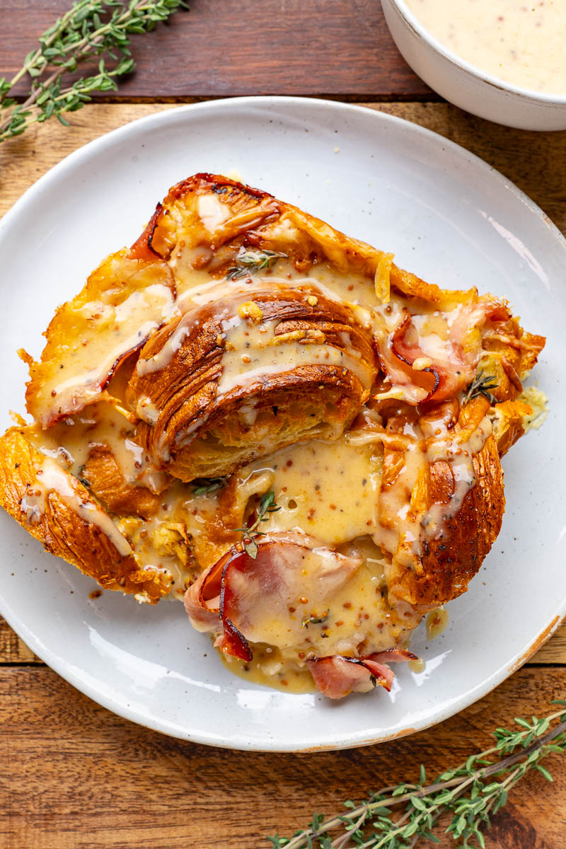 Ham and Cheese Croissant Casserole with Honey Mustard Sauce