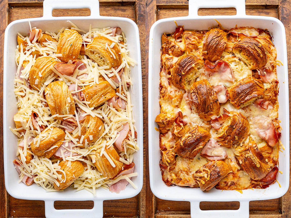 Ham and Cheese Croissant Casserole with Honey Mustard Sauce